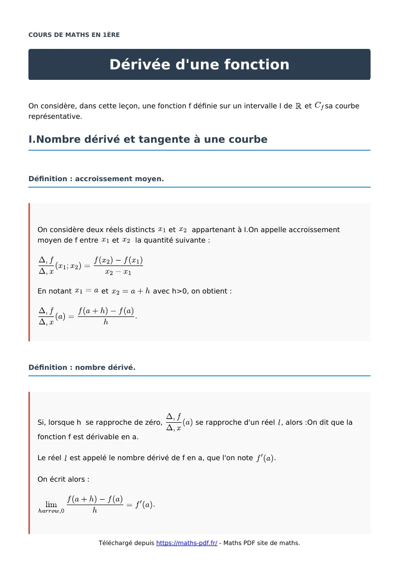 Dérivée d’une fonction : cours de maths en première en PDF