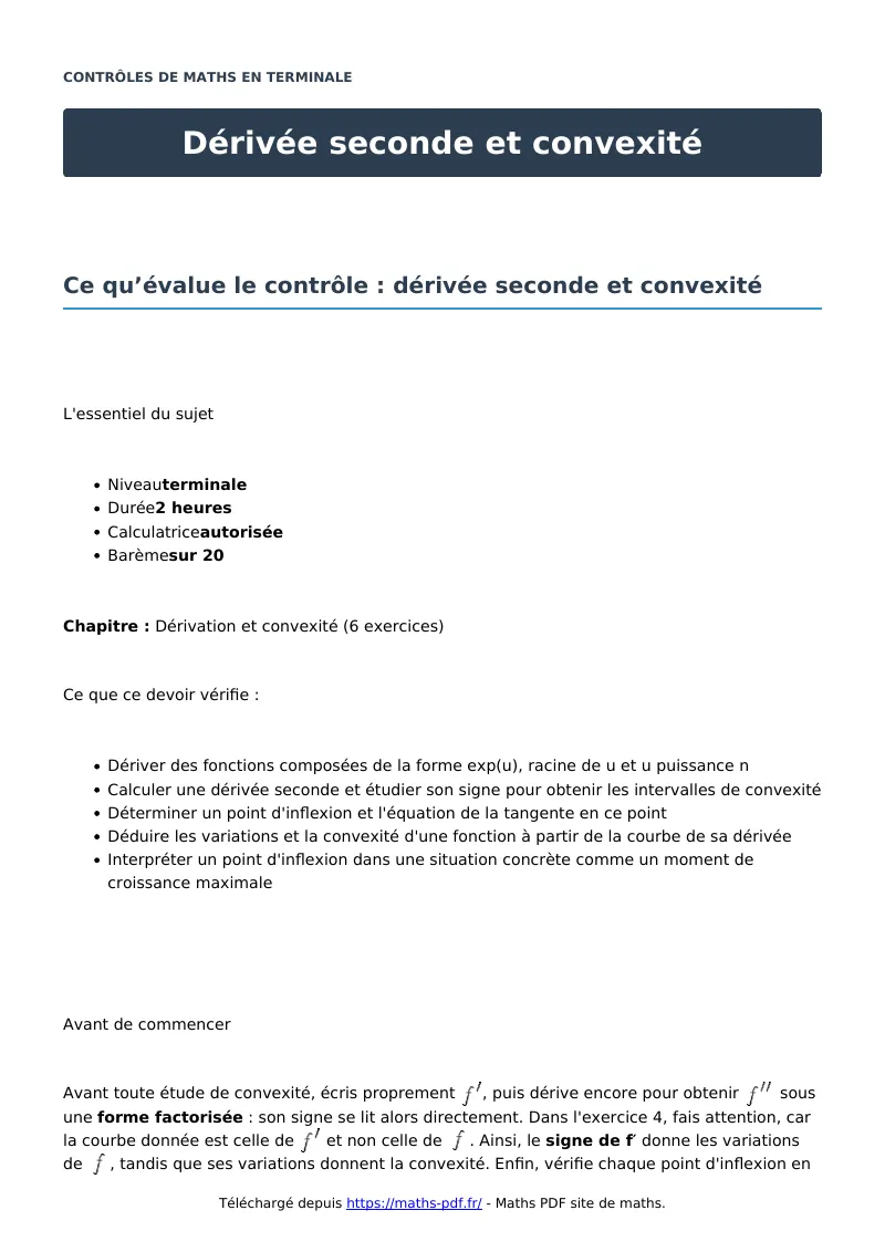 Dérivée seconde et convexité : contrôle de maths en terminale corrigé en PDF