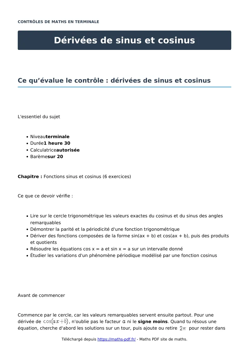 Dérivées de sinus et cosinus : contrôle de maths en terminale corrigé en PDF