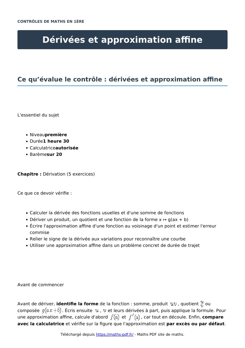 Dérivées et approximation affine : contrôle de maths en première corrigé en PDF
