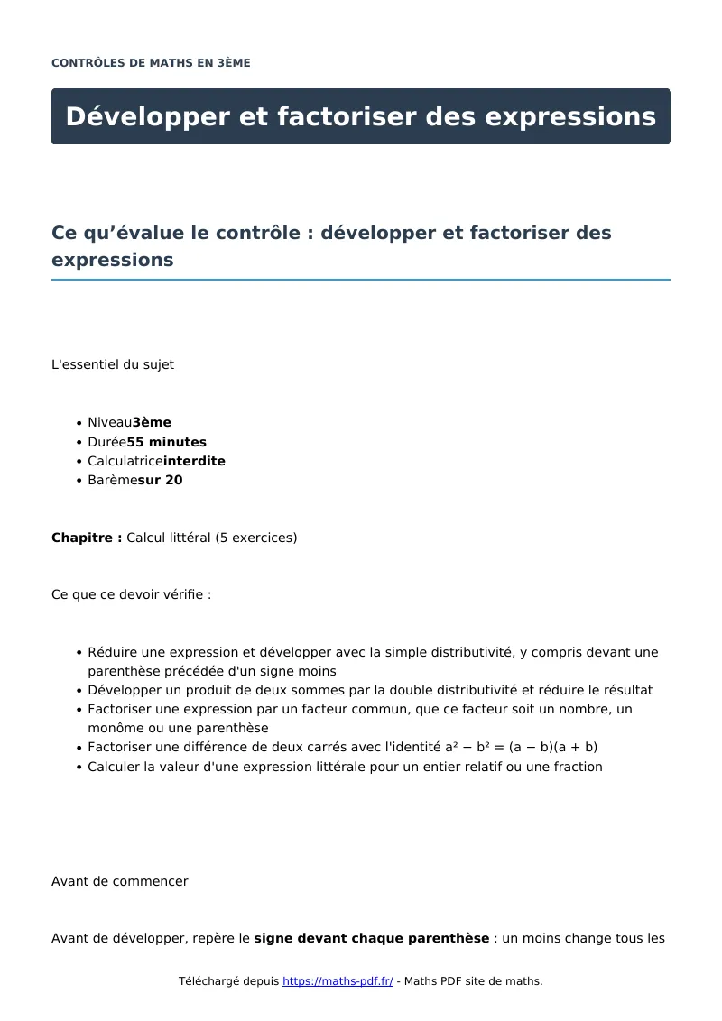 Développer et factoriser des expressions : contrôle de maths en 3ème corrigé en PDF