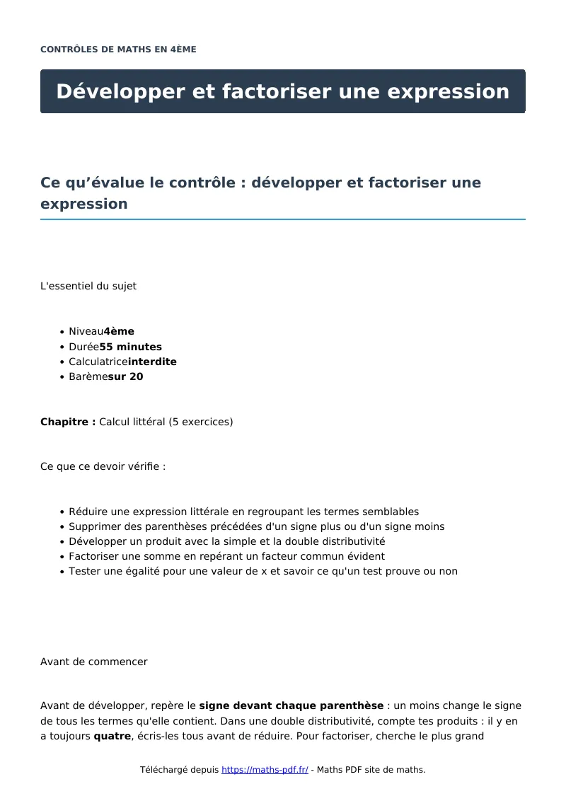Développer et factoriser une expression : contrôle de maths en 4ème corrigé en PDF