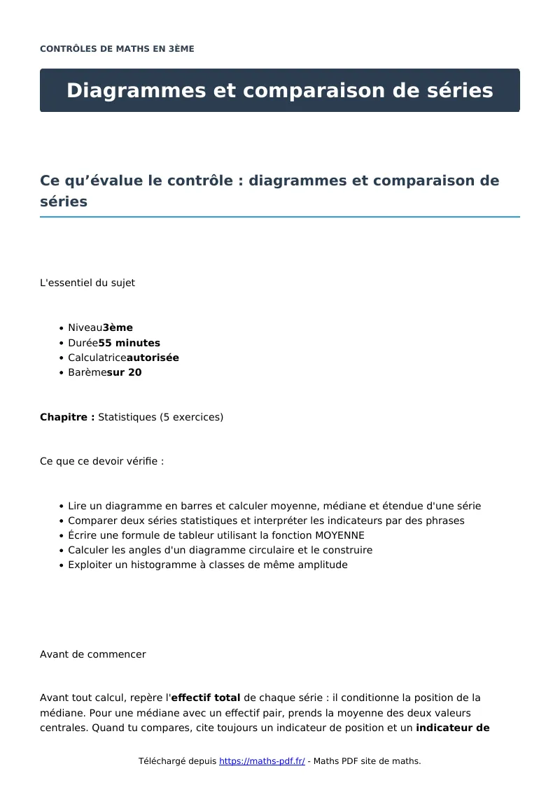 Diagrammes et comparaison de séries : contrôle de maths en 3ème corrigé en PDF
