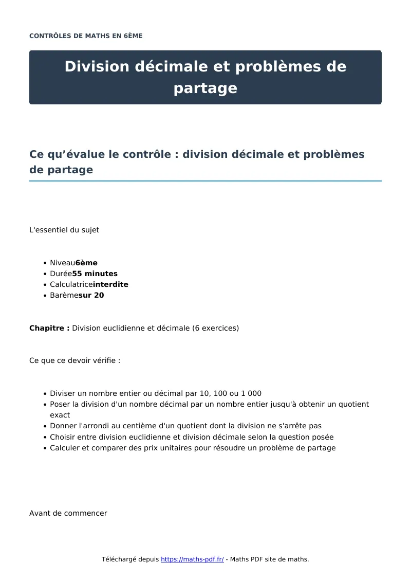 Division décimale et problèmes de partage : contrôle de maths en 6ème corrigé en PDF