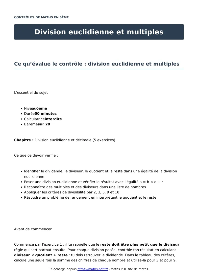 Division euclidienne et multiples : contrôle de maths en 6ème corrigé en PDF