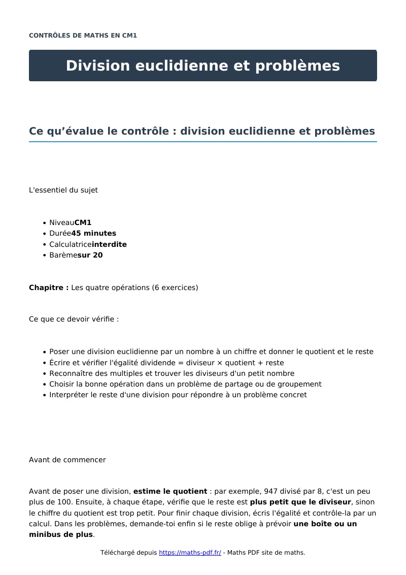 Division euclidienne et problèmes : contrôle de maths en CM1 corrigé en PDF