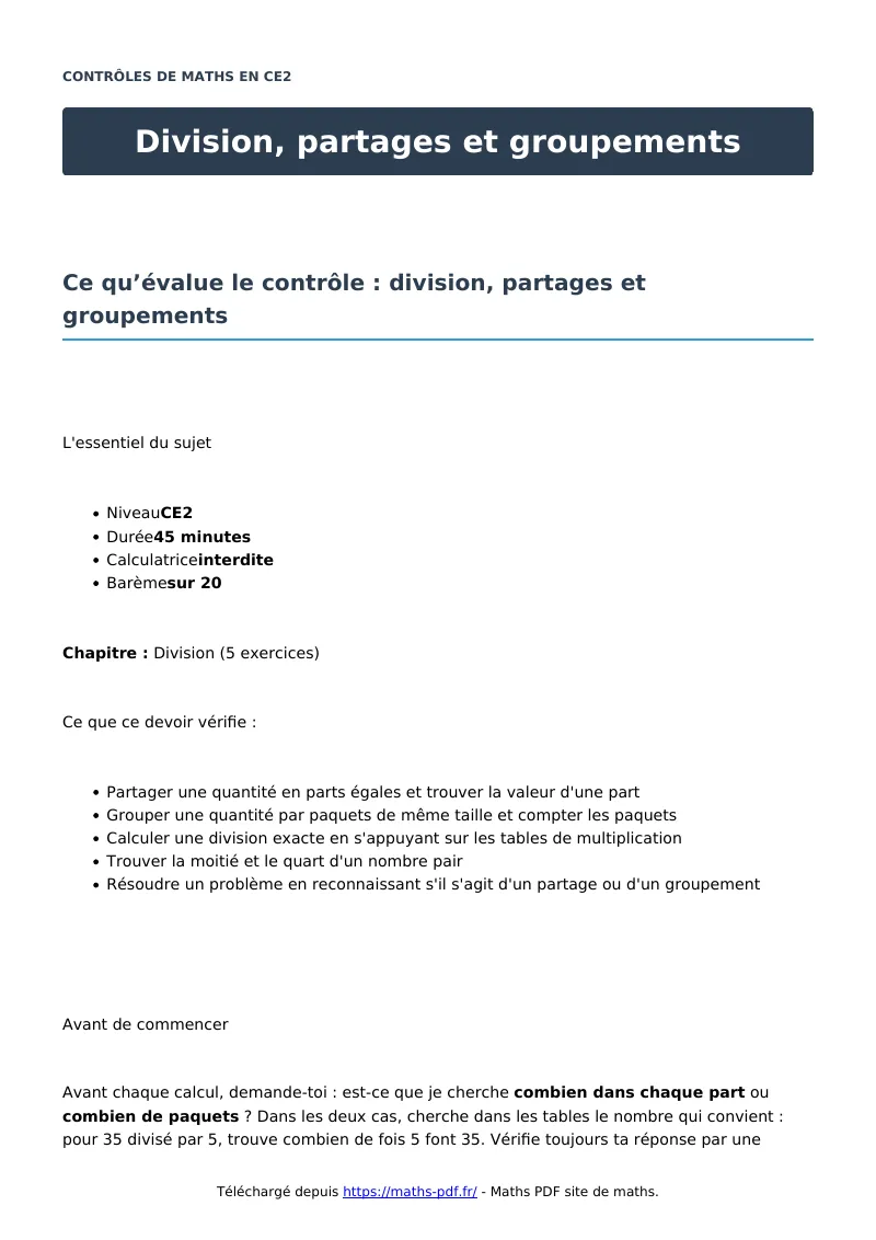 Division, partages et groupements : contrôle de maths en CE2 corrigé en PDF