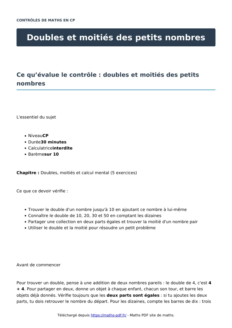 Doubles et moitiés des petits nombres : contrôle de maths en CP corrigé en PDF