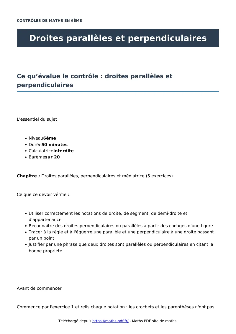 Droites parallèles et perpendiculaires : contrôle de maths en 6ème corrigé en PDF