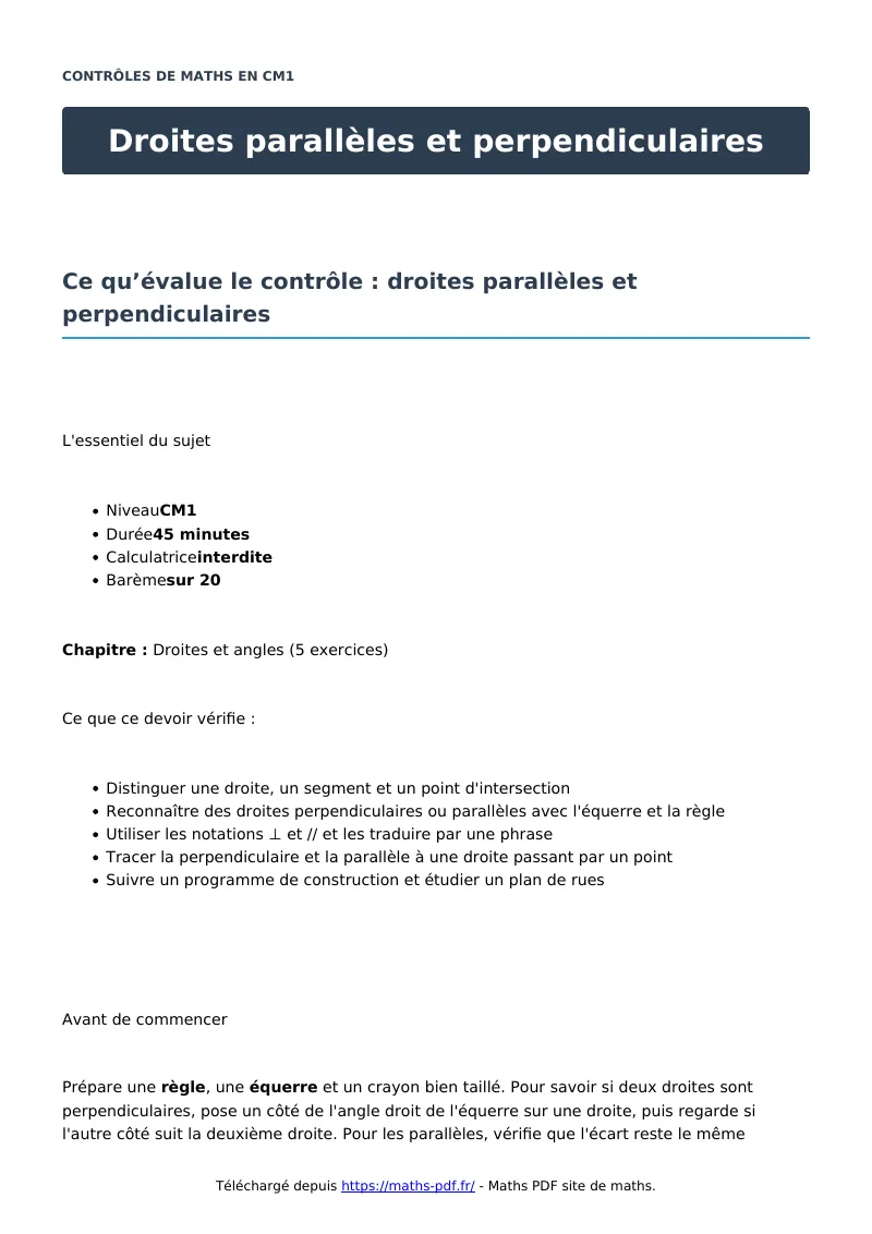 Droites parallèles et perpendiculaires : contrôle de maths en CM1 corrigé en PDF