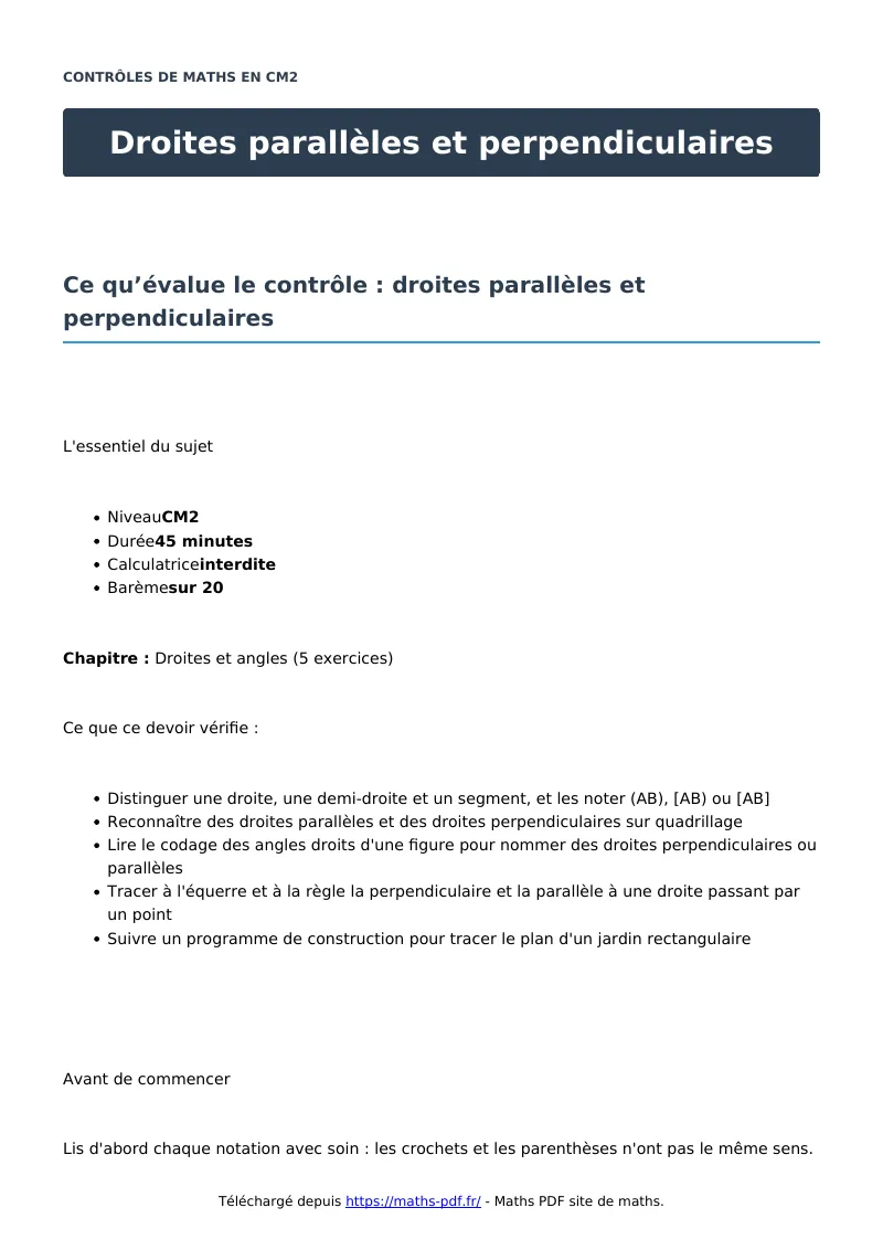 Droites parallèles et perpendiculaires : contrôle de maths en CM2 corrigé en PDF