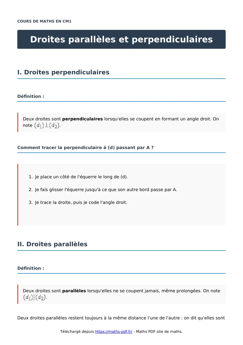 Droites parallèles et perpendiculaires : cours de maths en CM1 en PDF