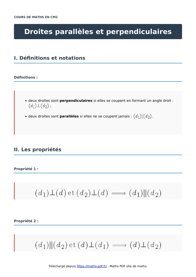 Droites parallèles et perpendiculaires : cours de maths en CM2 en PDF