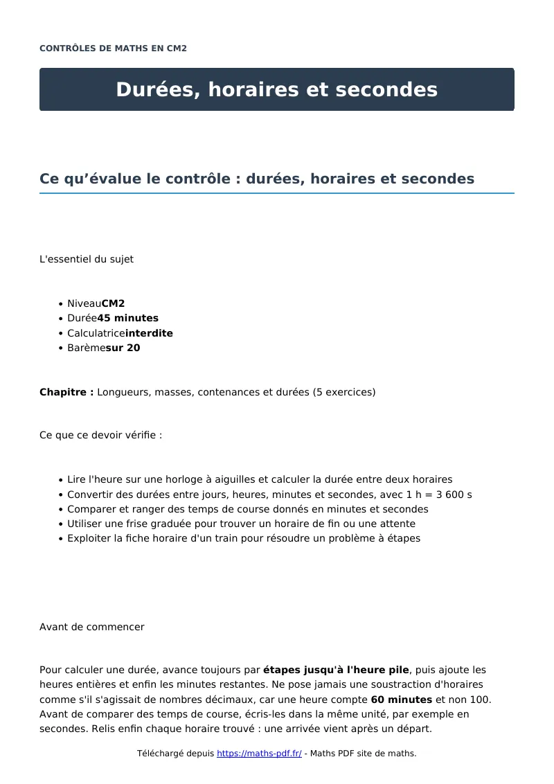 Durées, horaires et secondes : contrôle de maths en CM2 corrigé en PDF