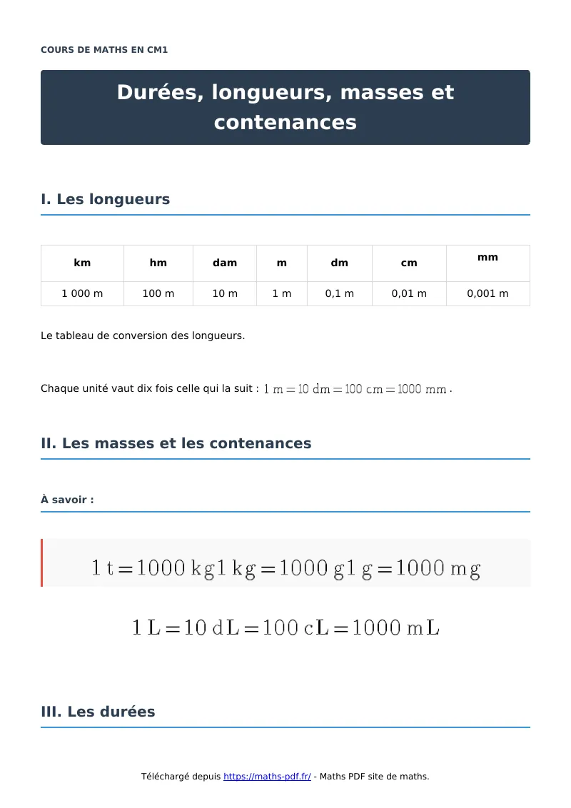 Durées, longueurs, masses et contenances : cours de maths en CM1 en PDF