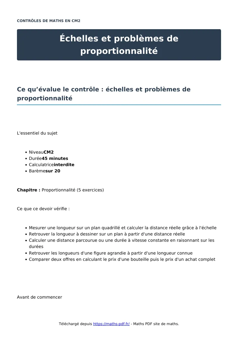 Échelles et problèmes de proportionnalité : contrôle de maths en CM2 corrigé en PDF