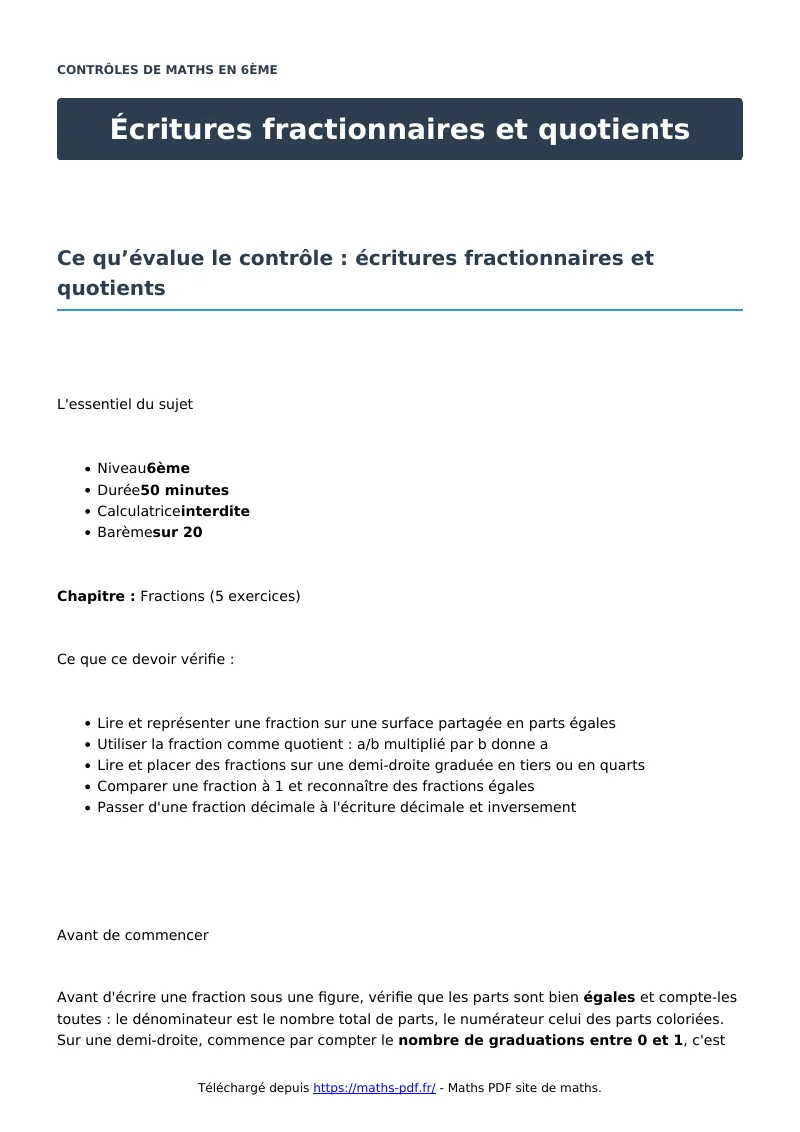 Écritures fractionnaires et quotients : contrôle de maths en 6ème corrigé en PDF