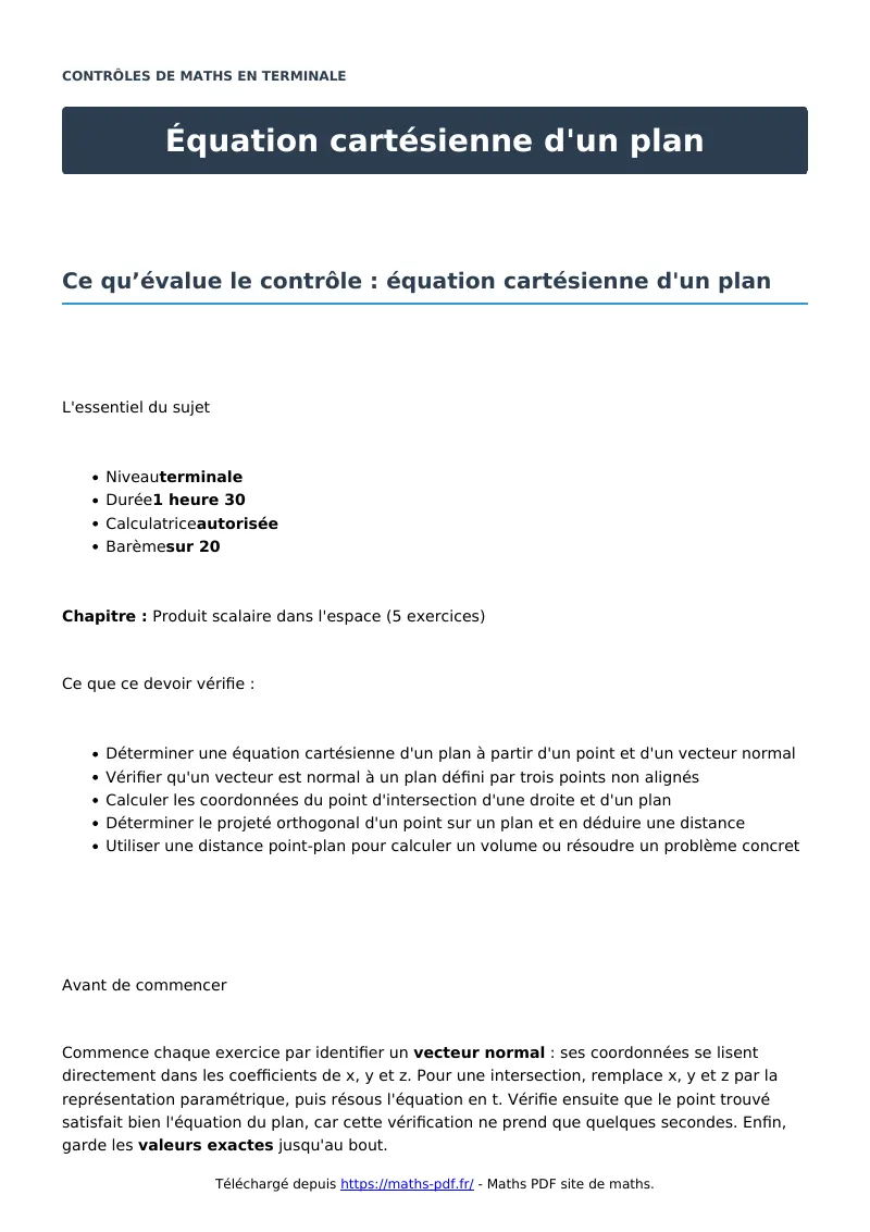 Équation cartésienne d’un plan : contrôle de maths en terminale corrigé en PDF