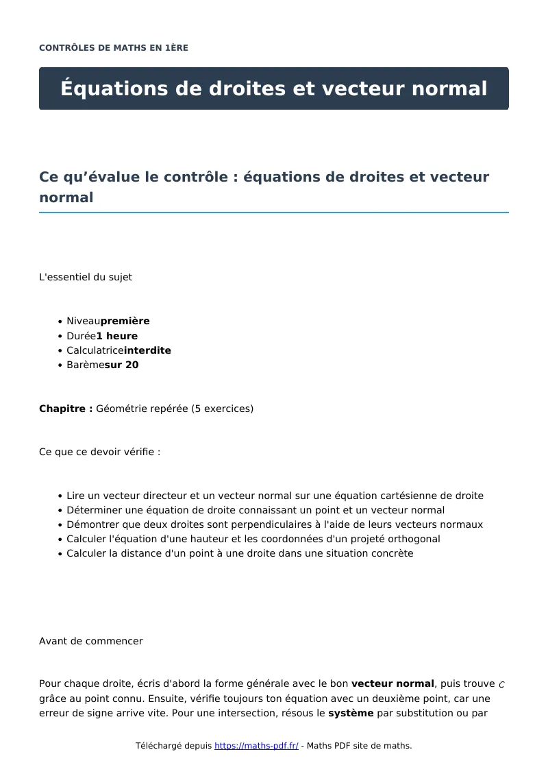Équations de droites et vecteur normal : contrôle de maths en première corrigé en PDF