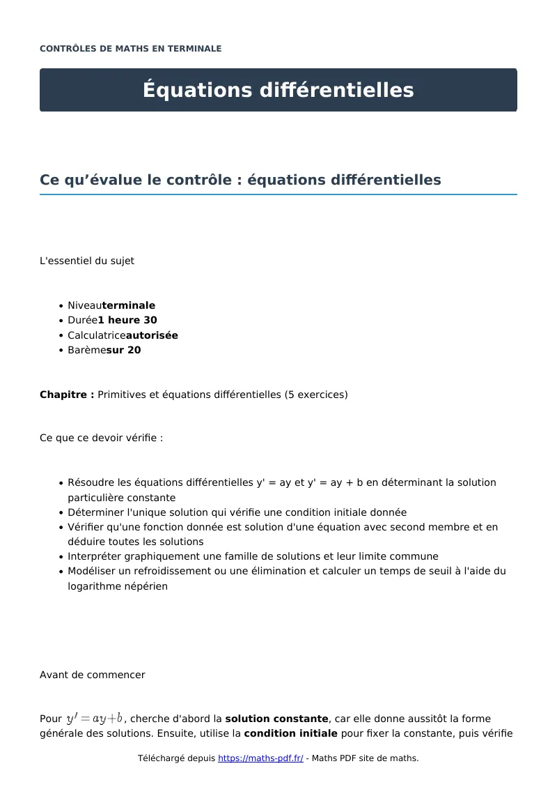 Équations différentielles : contrôle de maths en terminale corrigé en PDF