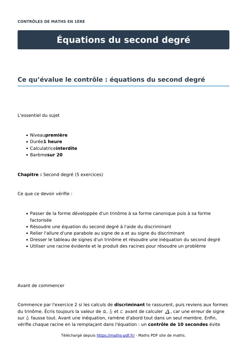 Équations du second degré : contrôle de maths en première corrigé en PDF
