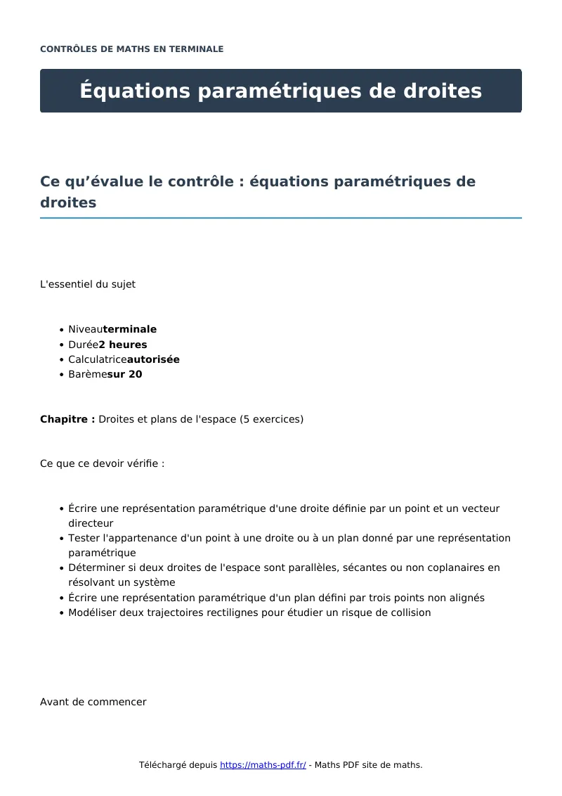 Équations paramétriques de droites : contrôle de maths en terminale corrigé en PDF