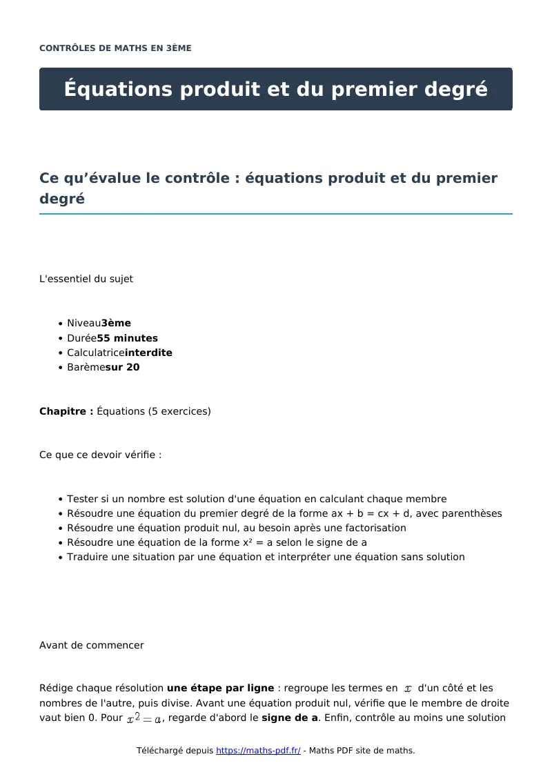 Équations produit et du premier degré : contrôle de maths en 3ème corrigé en PDF