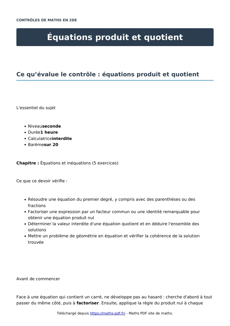 Équations produit et quotient : contrôle de maths en seconde corrigé en PDF
