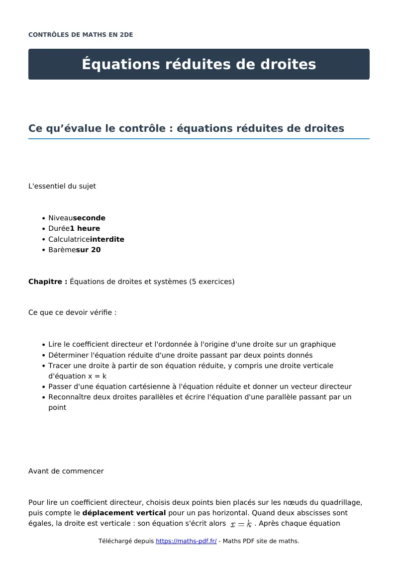 Équations réduites de droites : contrôle de maths en seconde corrigé en PDF