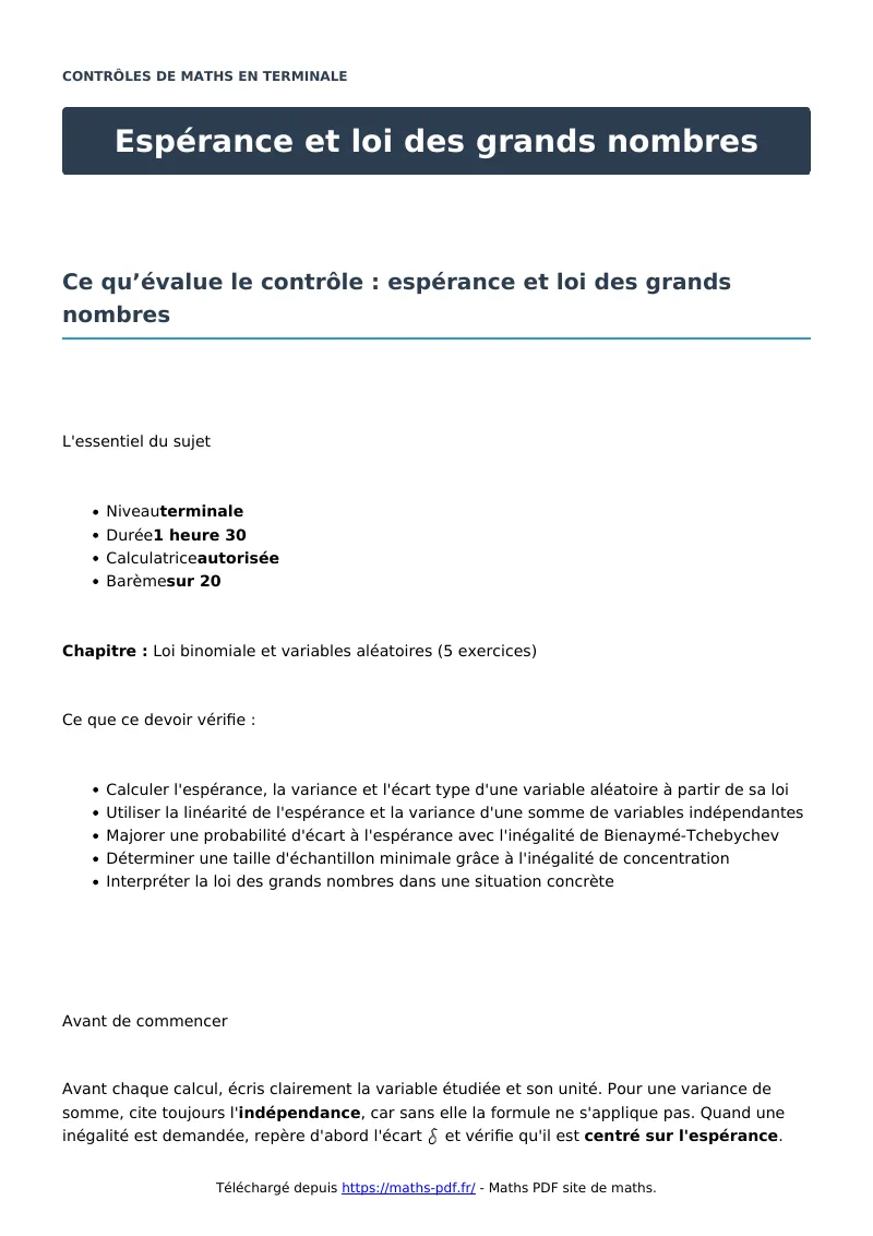Espérance et loi des grands nombres : contrôle de maths en terminale corrigé en PDF