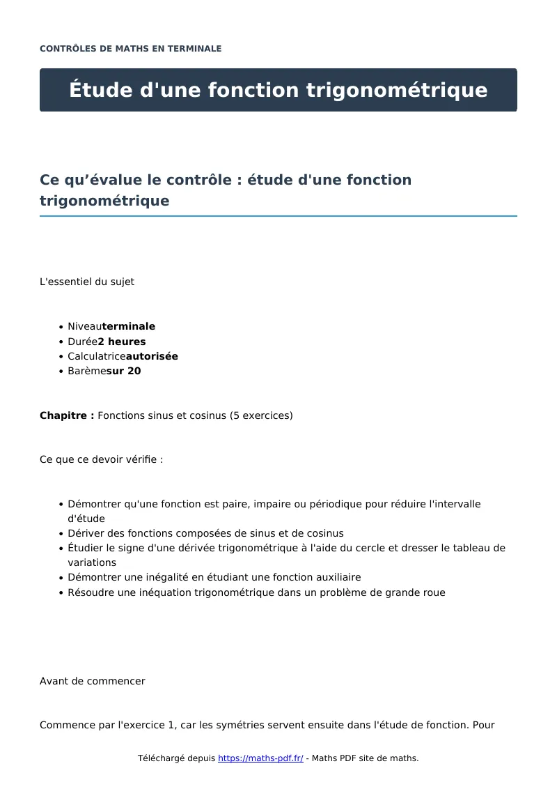 Étude d’une fonction trigonométrique : contrôle de maths en terminale corrigé en PDF