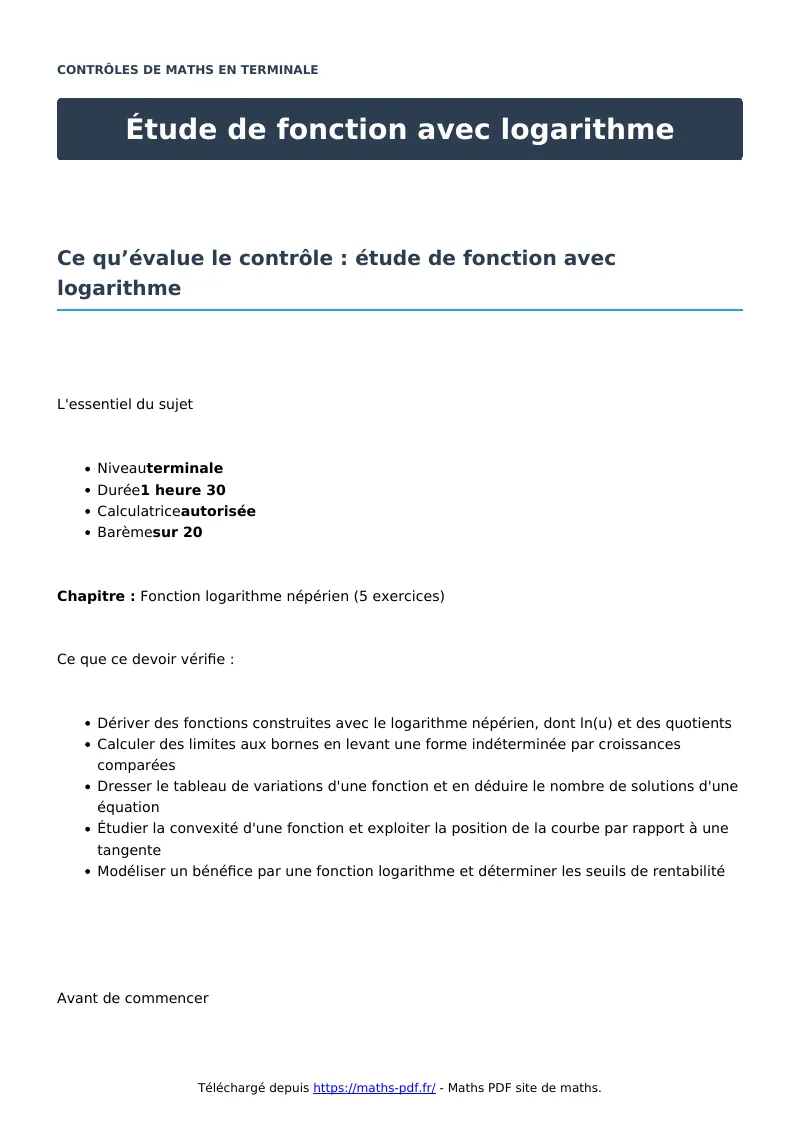 Étude de fonction avec logarithme : contrôle de maths en terminale corrigé en PDF