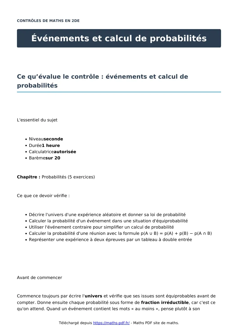 Événements et calcul de probabilités : contrôle de maths en seconde corrigé en PDF
