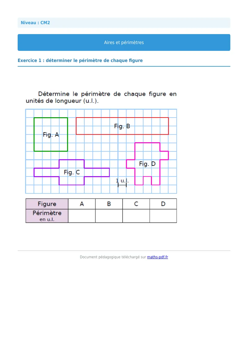 Aires et périmètres : exercice n°1 de maths en CM2 corrigé en PDF