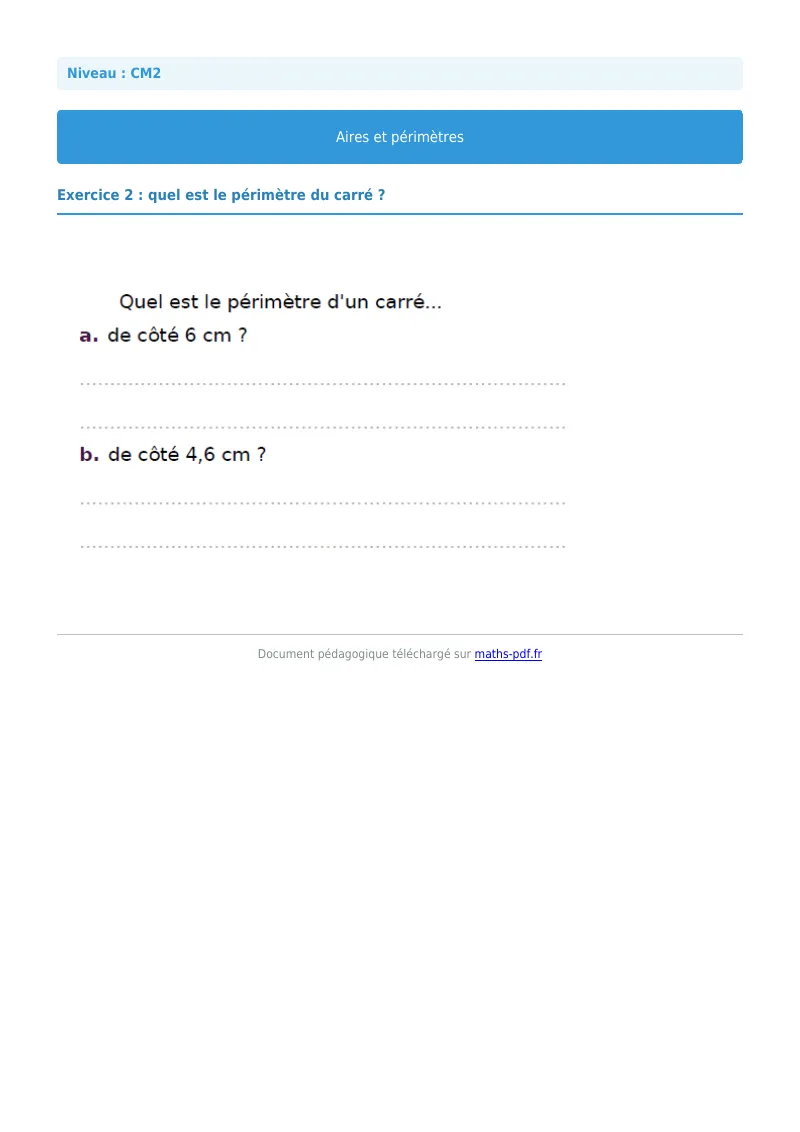 Aires et périmètres : exercice n°2 de maths en CM2 corrigé en PDF