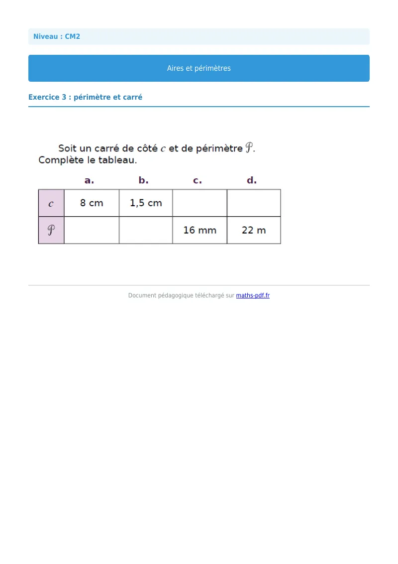 Aires et périmètres : exercice n°3 de maths en CM2 corrigé en PDF