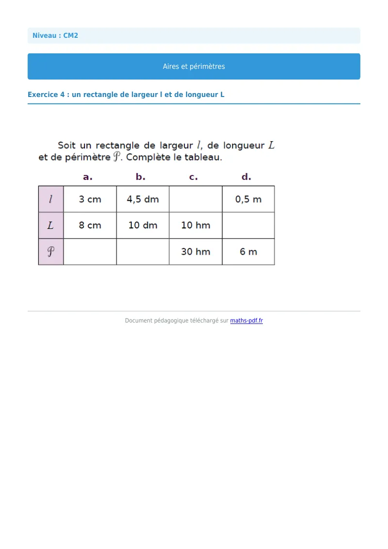 Aires et périmètres : exercice n°4 de maths en CM2 corrigé en PDF
