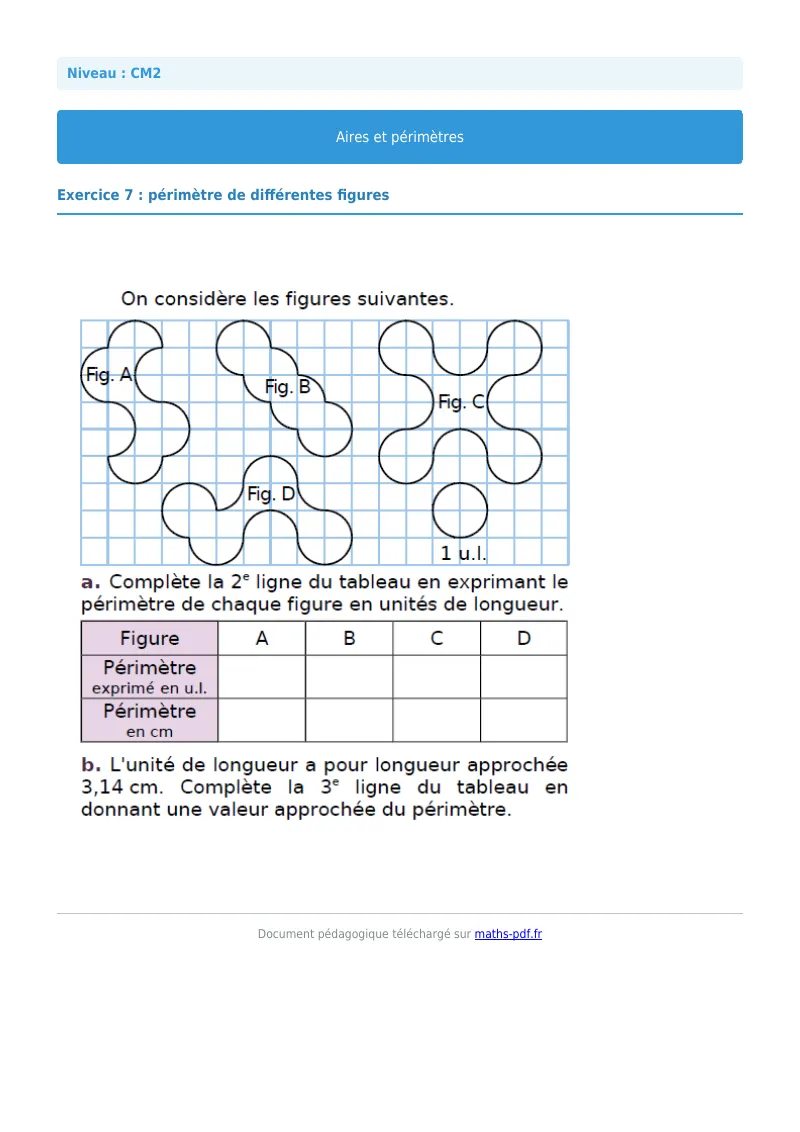Aires et périmètres : exercice n°7 de maths en CM2 corrigé en PDF