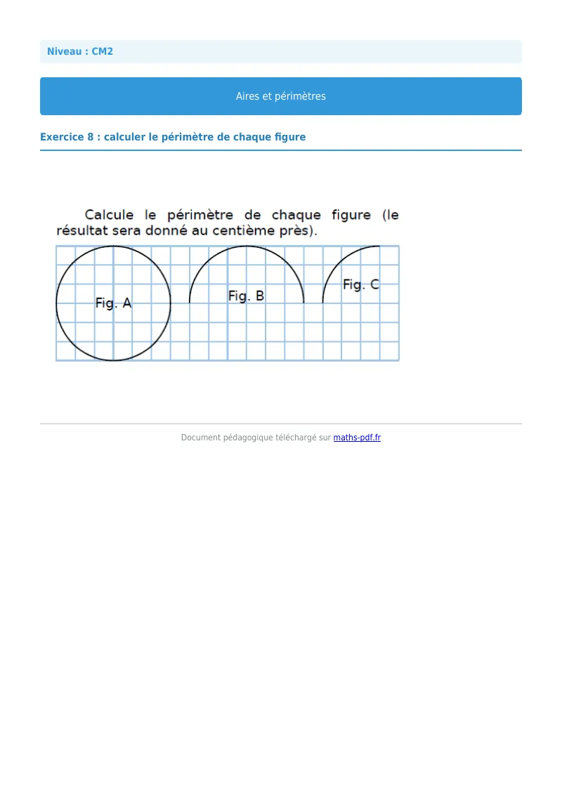 Aires et périmètres : exercice n°8 de maths en CM2 corrigé en PDF