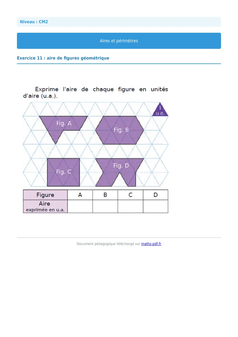 Aires et périmètres : exercice n°11 de maths en CM2 corrigé en PDF
