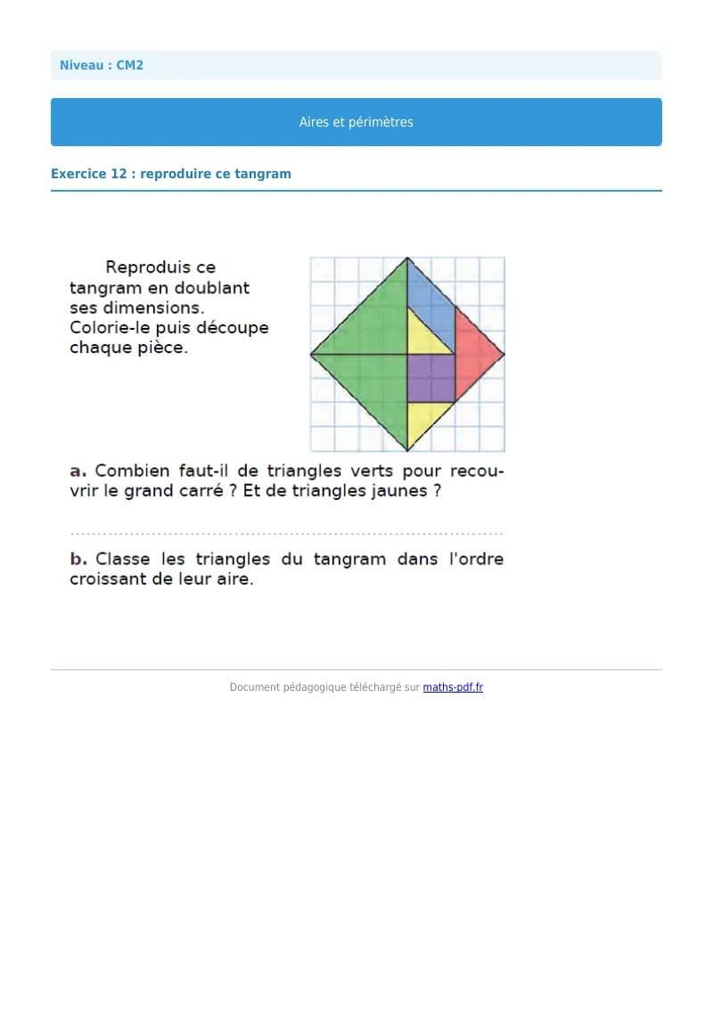 Aires et périmètres : exercice n°12 de maths en CM2 corrigé en PDF