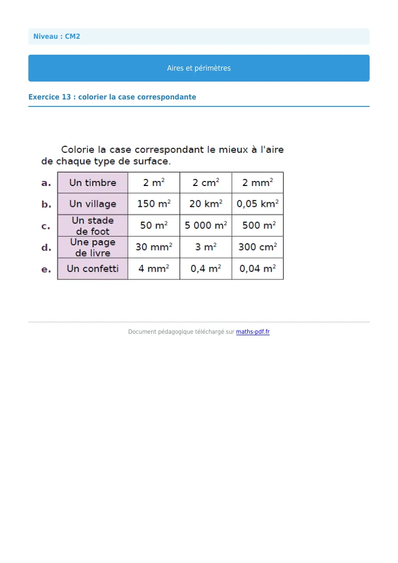 Aires et périmètres : exercice n°13 de maths en CM2 corrigé en PDF