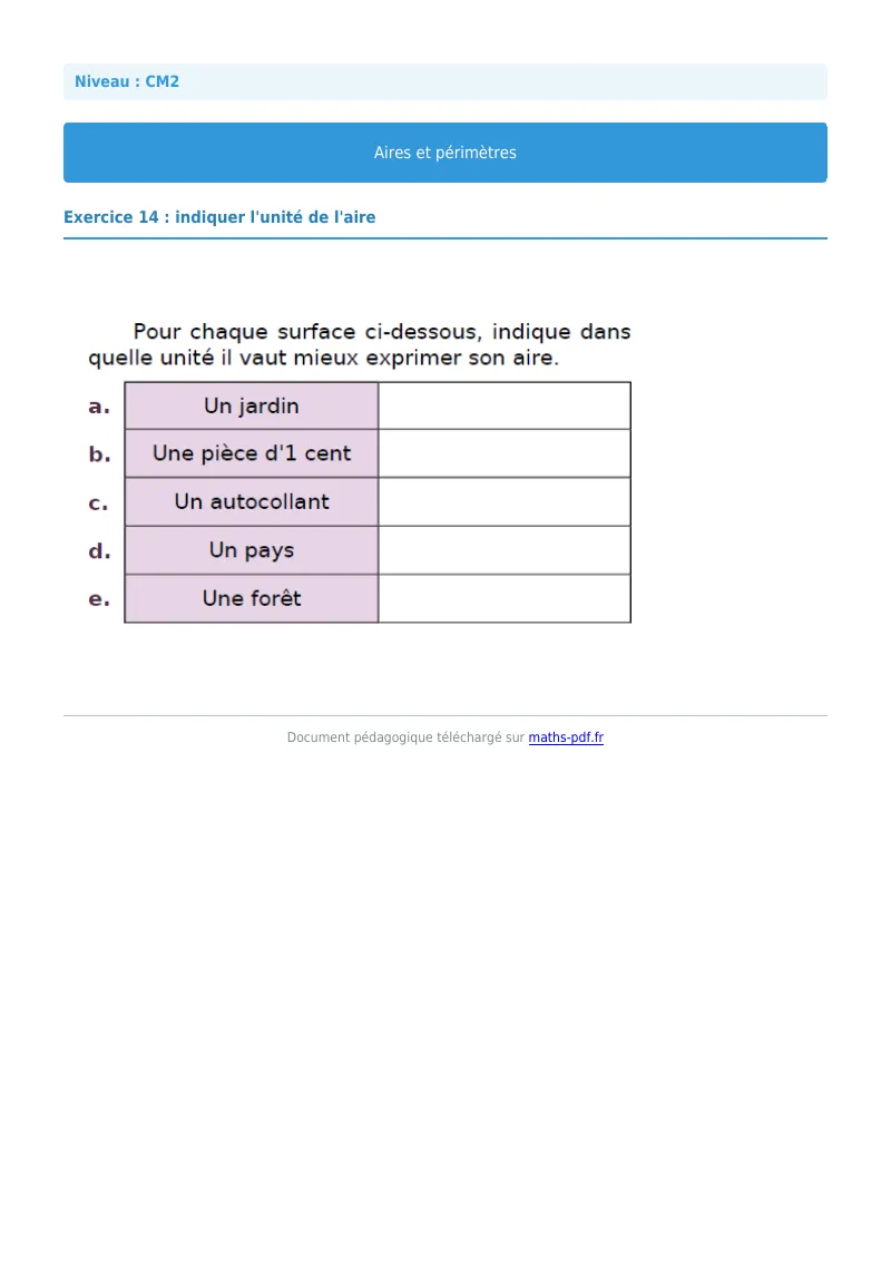 Aires et périmètres : exercice n°14 de maths en CM2 corrigé en PDF