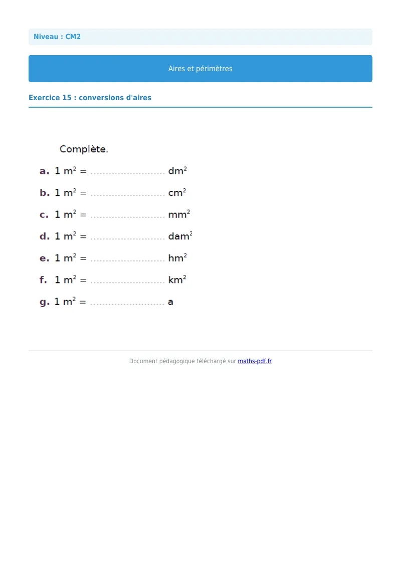 Aires et périmètres : exercice n°15 de maths en CM2 corrigé en PDF