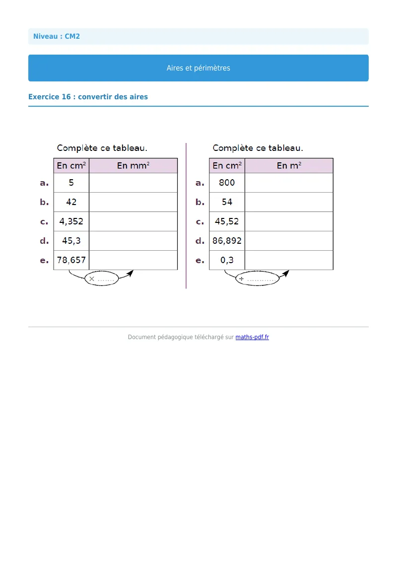 Aires et périmètres : exercice n°16 de maths en CM2 corrigé en PDF