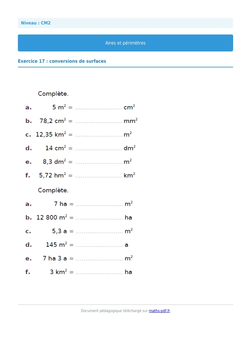 Aires et périmètres : exercice n°17 de maths en CM2 corrigé en PDF