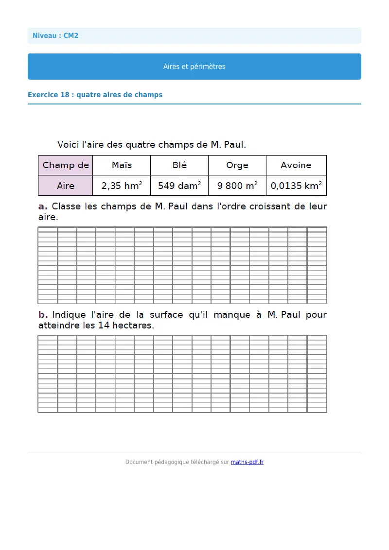 Aires et périmètres : exercice n°18 de maths en CM2 corrigé en PDF