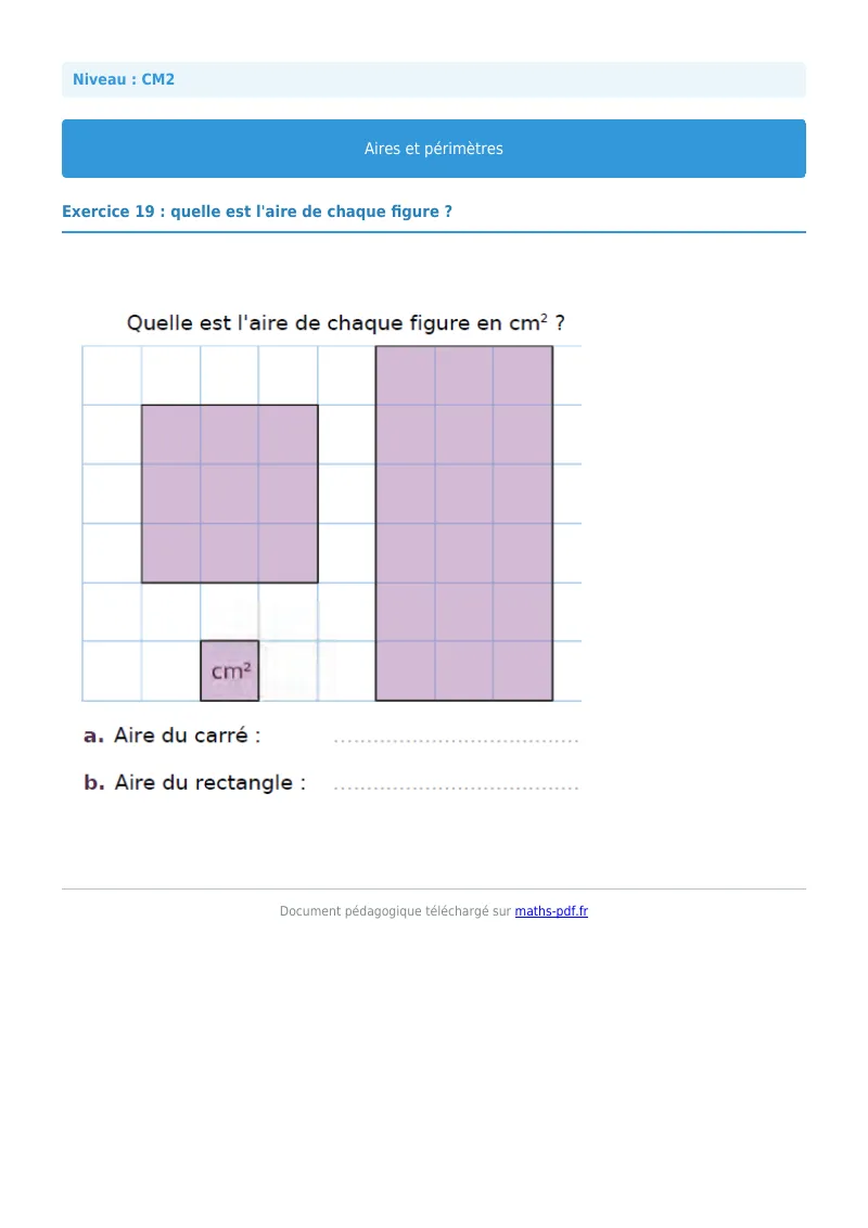 Aires et périmètres : exercice n°19 de maths en CM2 corrigé en PDF