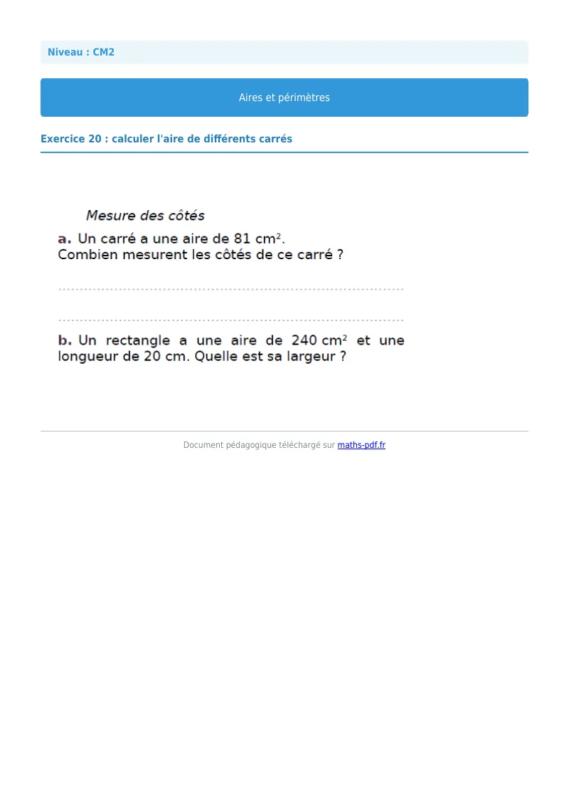 Aires et périmètres : exercice n°20 de maths en CM2 corrigé en PDF