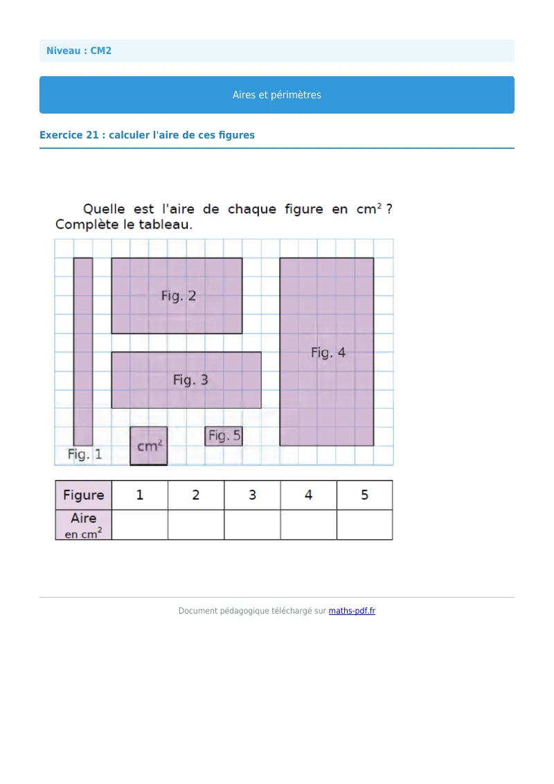 Aires et périmètres : exercice n°21 de maths en CM2 corrigé en PDF